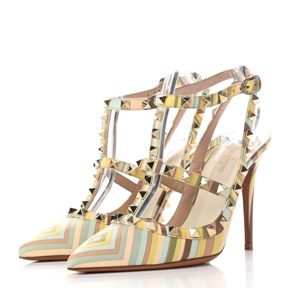 Valentino Garavani Womens Pumps 40 Rockstud Native Couture 1975 Stripe Heels